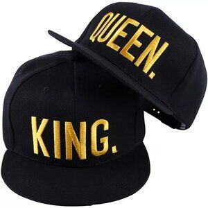 Lot of 2 KING. & Queen. Snapback Hat Flat Brim Baseball Cap Black,Yellow Letters